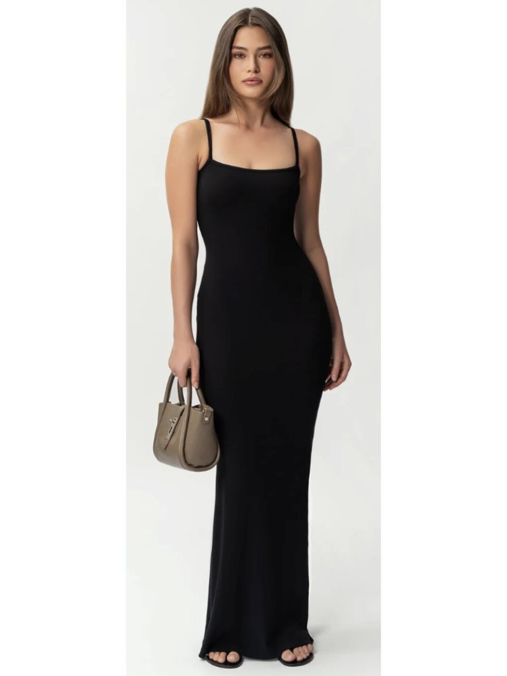 NINEPINE Ribbed Maxi Slip Dress in Black Size Small Minimalist Stretch